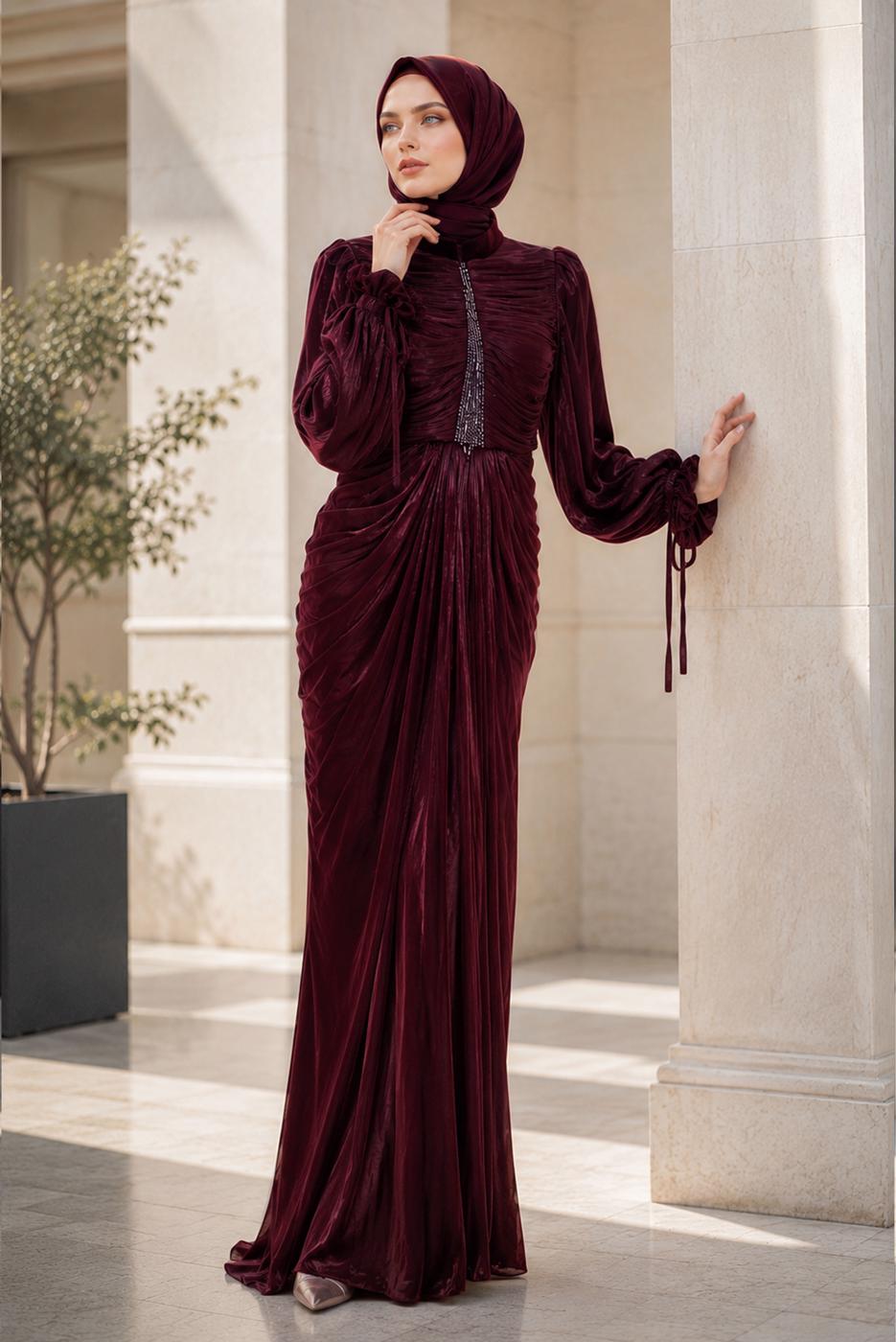 Hijab clothing CLARET RED DRAPE DETAILED EVENING DRESS T 9325