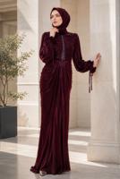 Hijab clothing CLARET RED DRAPE DETAILED EVENING DRESS T 9325