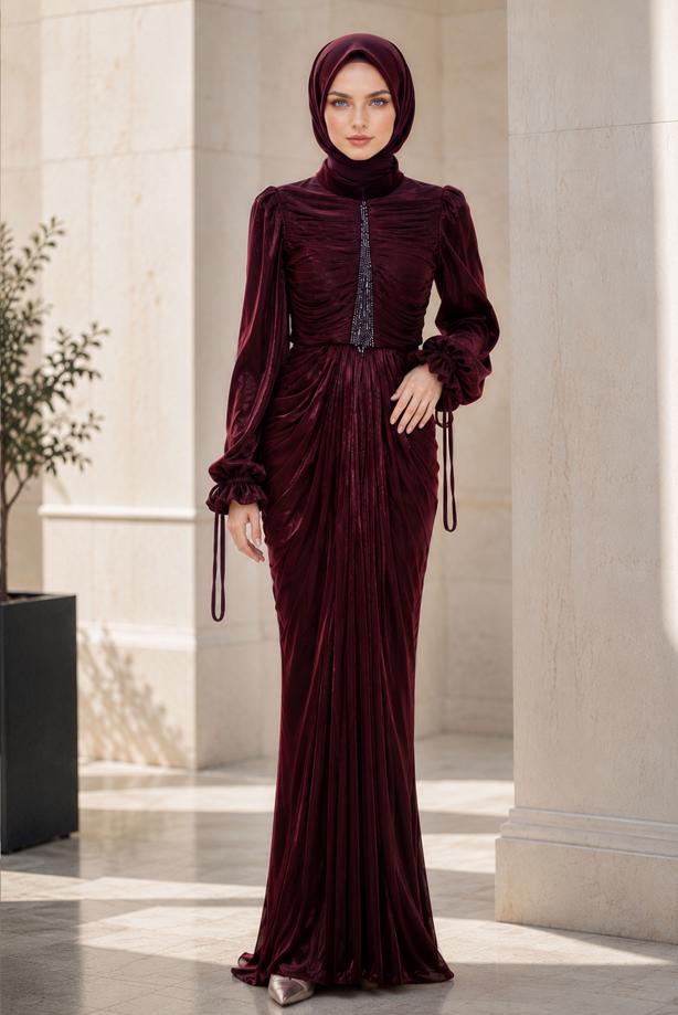 Hijab clothing CLARET RED DRAPE DETAILED EVENING DRESS T 9325 - TRENDTESETTÜR