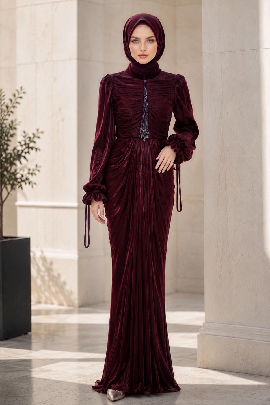 Hijab clothing CLARET RED DRAPE DETAILED EVENING DRESS T 9325
