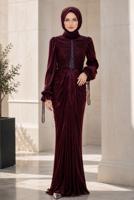 Hijab clothing CLARET RED DRAPE DETAILED EVENING DRESS T 9325
