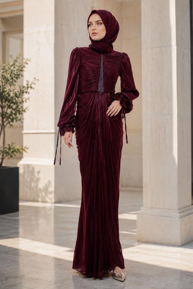 Hijab clothing CLARET RED DRAPE DETAILED EVENING DRESS T 9325 - TRENDTESETTÜR