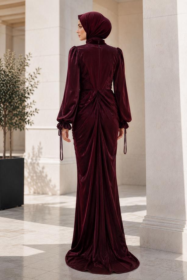Hijab clothing CLARET RED DRAPE DETAILED EVENING DRESS T 9325 - TRENDTESETTÜR