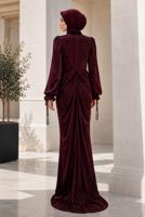 Hijab clothing CLARET RED DRAPE DETAILED EVENING DRESS T 9325