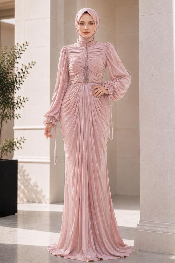 Hijab clothing POWDER DRAPE DETAILED EVENING DRESS T 9325 - TRENDTESETTÜR