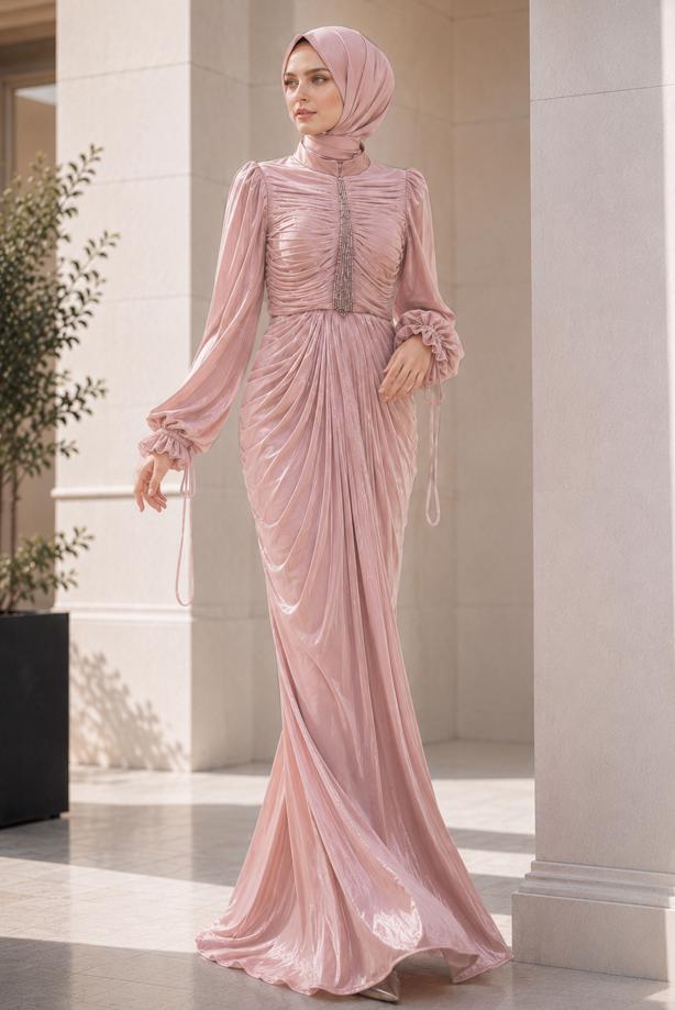 Hijab clothing POWDER DRAPE DETAILED EVENING DRESS T 9325 - TRENDTESETTÜR