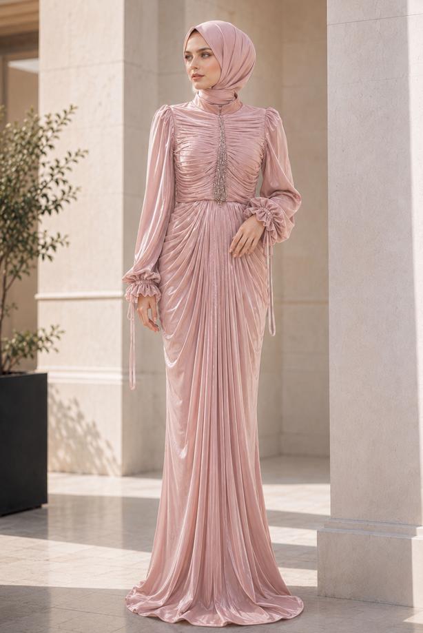 Hijab clothing POWDER DRAPE DETAILED EVENING DRESS T 9325 - TRENDTESETTÜR