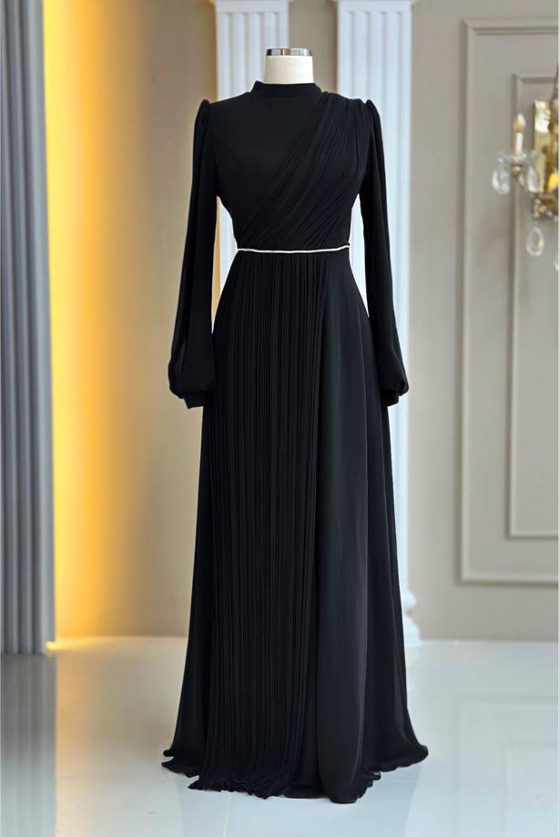 Tesettür giyim SİYAH DRAPE DETAYLI ABİYE ELBİSE T 9363 - TRENDTESETTÜR