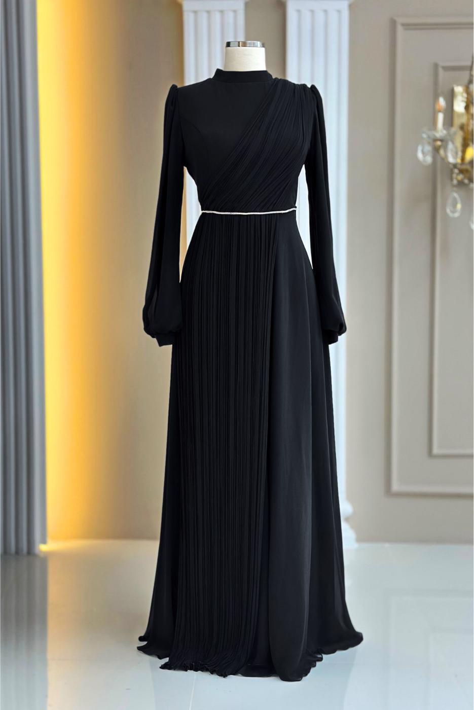 Tesettür giyim SİYAH DRAPE DETAYLI ABİYE ELBİSE T 9363