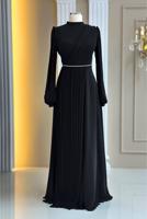 Tesettür giyim SİYAH DRAPE DETAYLI ABİYE ELBİSE T 9363