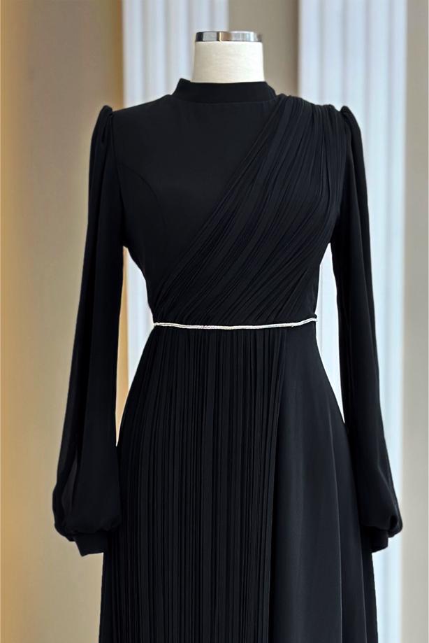 Tesettür giyim SİYAH DRAPE DETAYLI ABİYE ELBİSE T 9363 - TRENDTESETTÜR