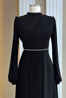Tesettür giyim SİYAH DRAPE DETAYLI ABİYE ELBİSE T 9363