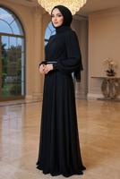 Tesettür giyim SİYAH DRAPE DETAYLI ABİYE ELBİSE T 9363
