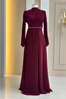 Tesettür giyim BORDO DRAPE DETAYLI ABİYE ELBİSE T 9363