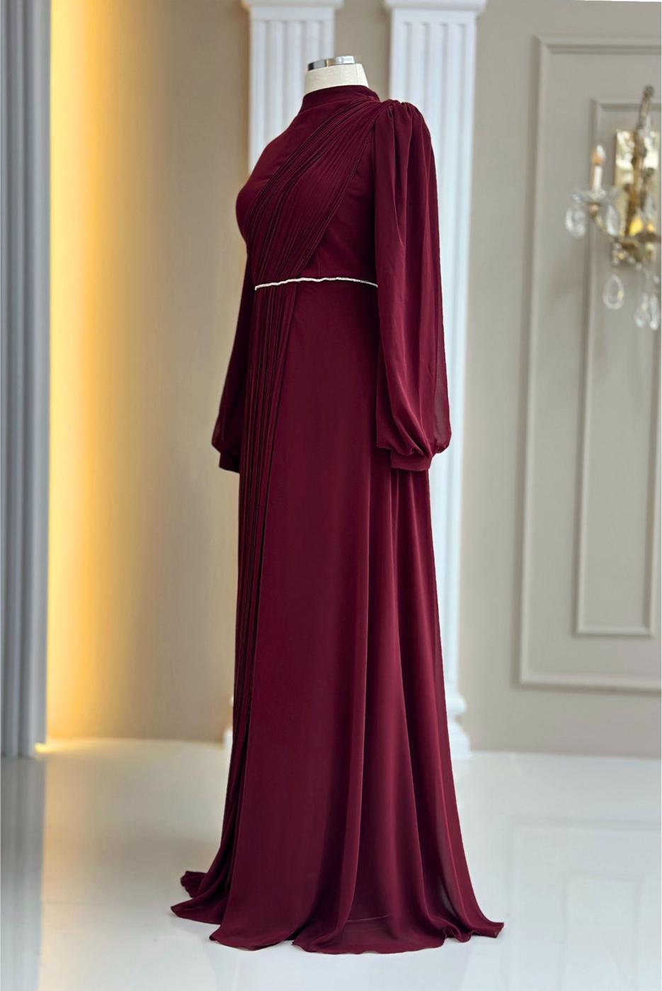 Tesettür giyim BORDO DRAPE DETAYLI ABİYE ELBİSE T 9363