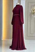 Tesettür giyim BORDO DRAPE DETAYLI ABİYE ELBİSE T 9363