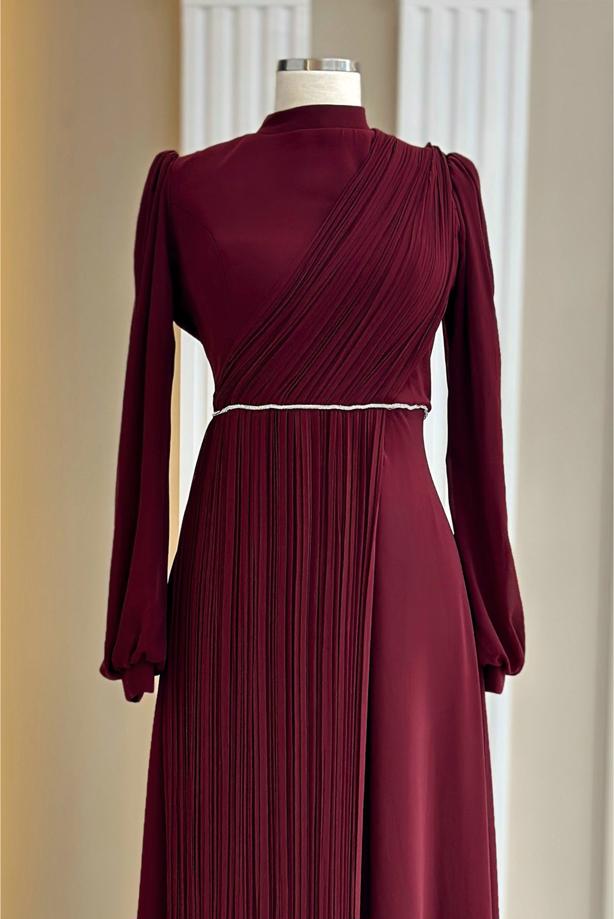 Tesettür giyim BORDO DRAPE DETAYLI ABİYE ELBİSE T 9363 - TRENDTESETTÜR