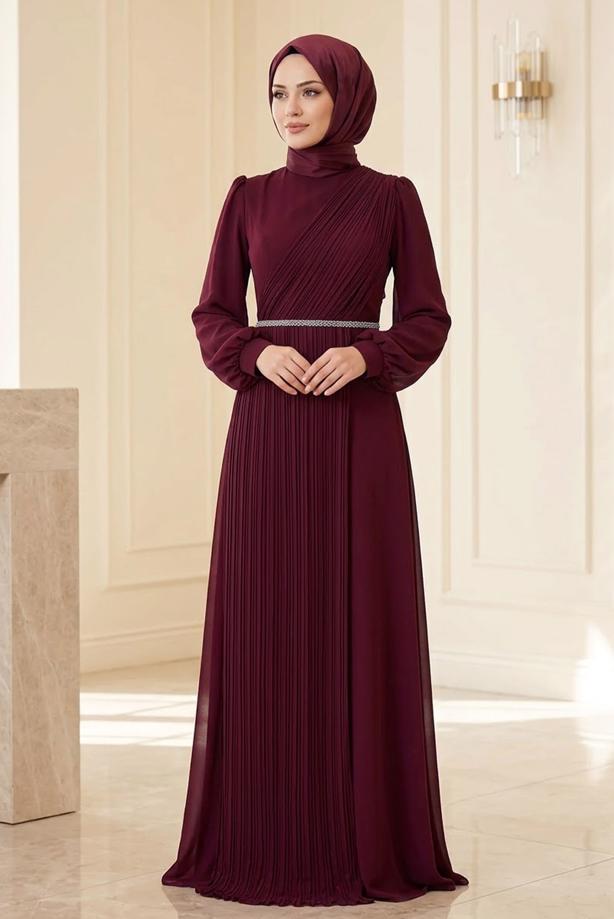 Hijab clothing CLARET RED DRAPE DETAILED EVENING DRESS T 9363 - TRENDTESETTÜR