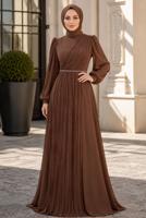 Tesettür giyim KAHVE DRAPE DETAYLI ABİYE ELBİSE T 9363