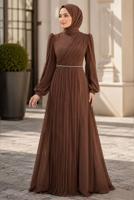 Tesettür giyim KAHVE DRAPE DETAYLI ABİYE ELBİSE T 9363