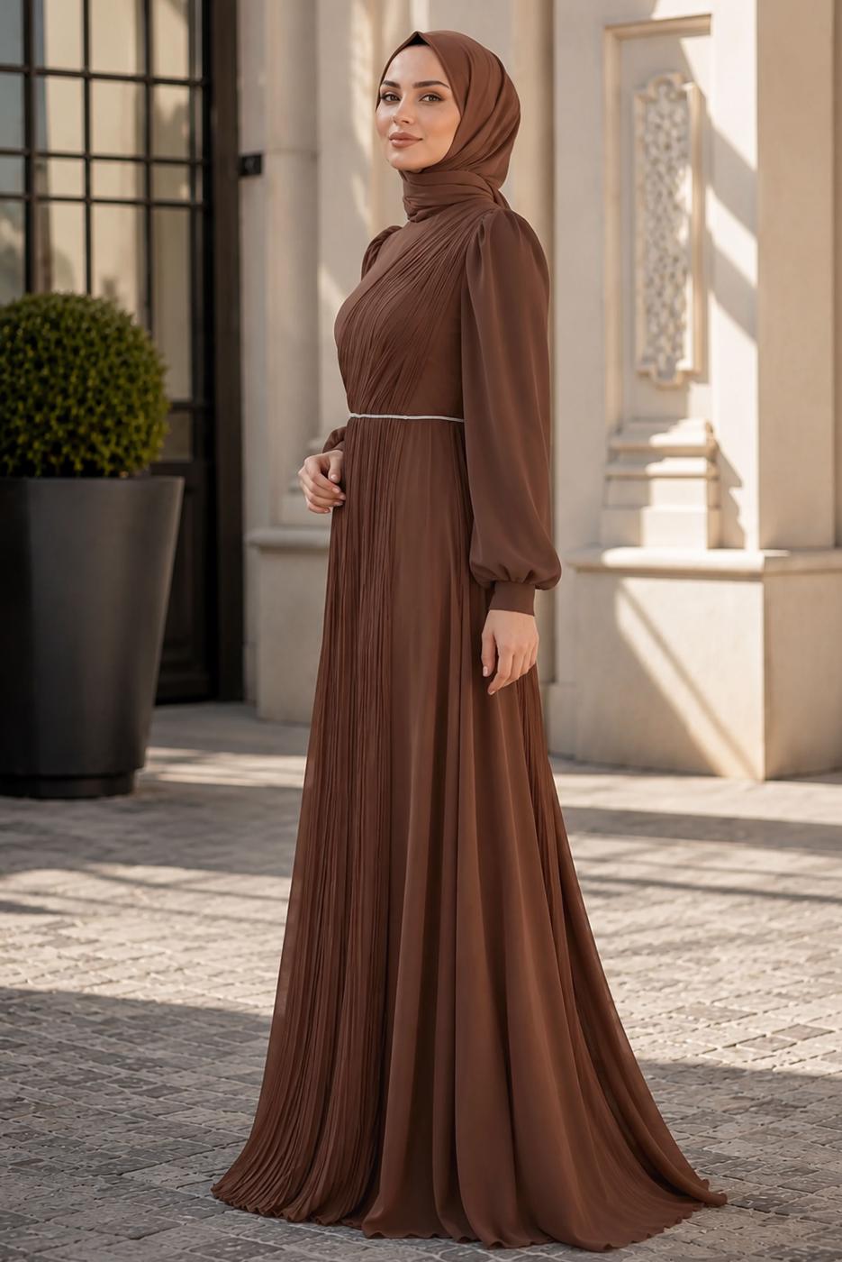 Tesettür giyim KAHVE DRAPE DETAYLI ABİYE ELBİSE T 9363