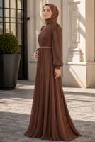 Tesettür giyim KAHVE DRAPE DETAYLI ABİYE ELBİSE T 9363