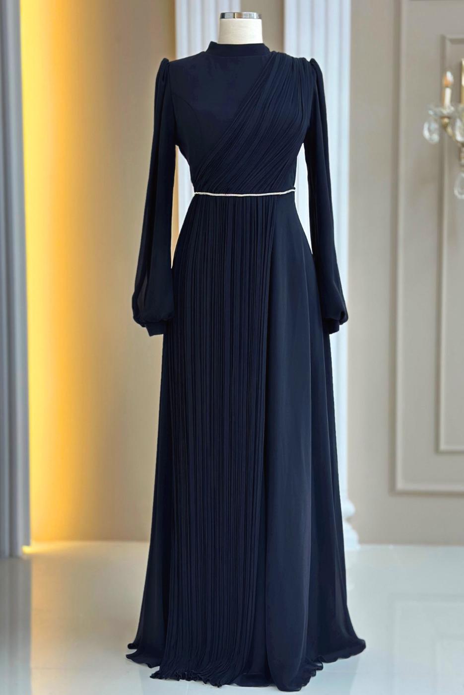 Tesettür giyim LACİVERT DRAPE DETAYLI ABİYE ELBİSE T 9363