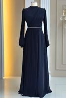 Tesettür giyim LACİVERT DRAPE DETAYLI ABİYE ELBİSE T 9363