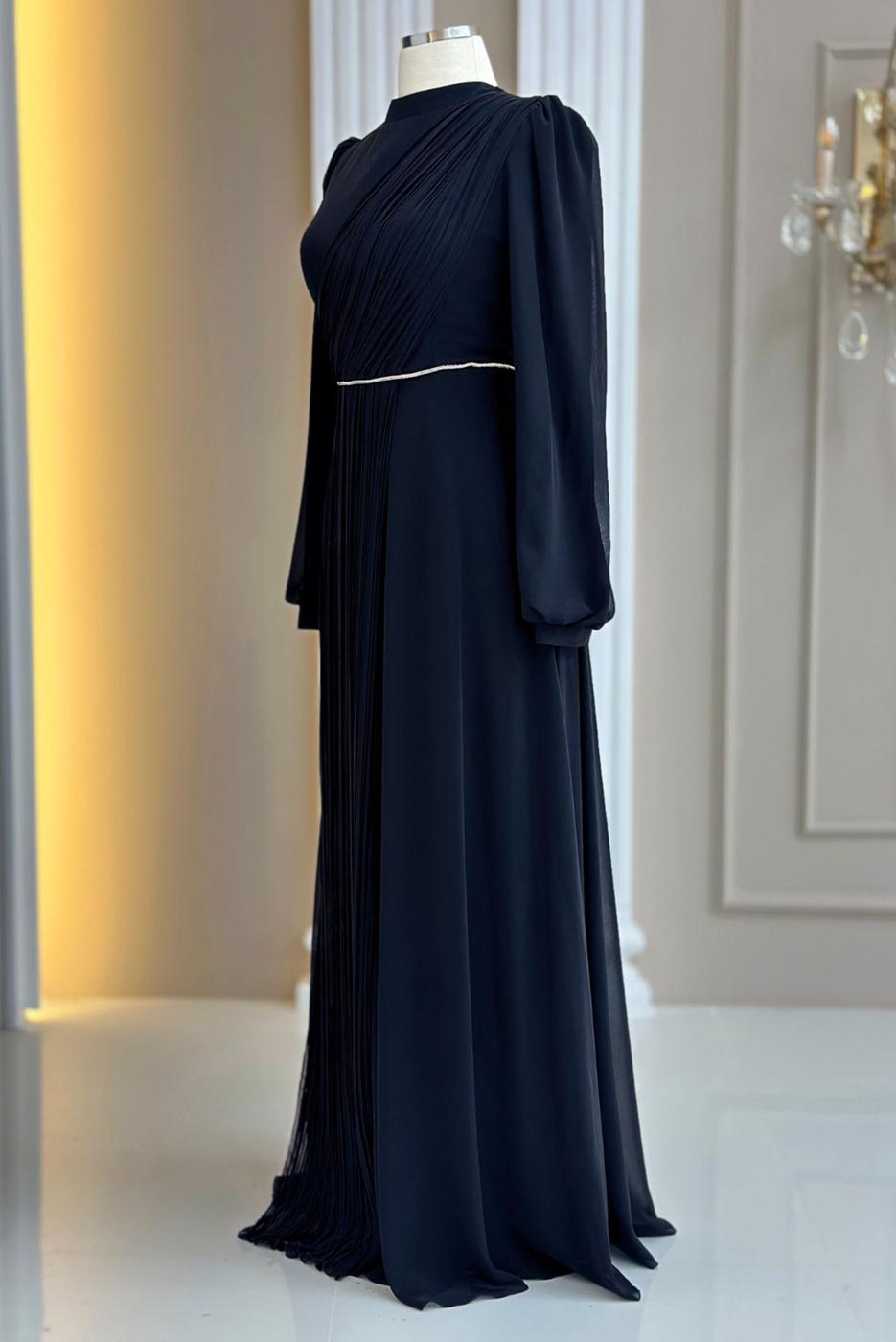 Tesettür giyim LACİVERT DRAPE DETAYLI ABİYE ELBİSE T 9363