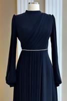 Tesettür giyim LACİVERT DRAPE DETAYLI ABİYE ELBİSE T 9363
