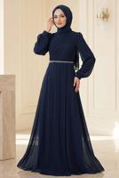 Tesettür giyim LACİVERT DRAPE DETAYLI ABİYE ELBİSE T 9363