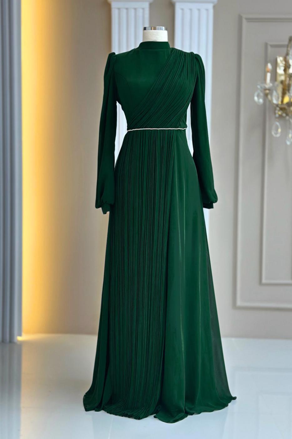 Hijab clothing GREEN DRAPE DETAILED EVENING DRESS T 9363