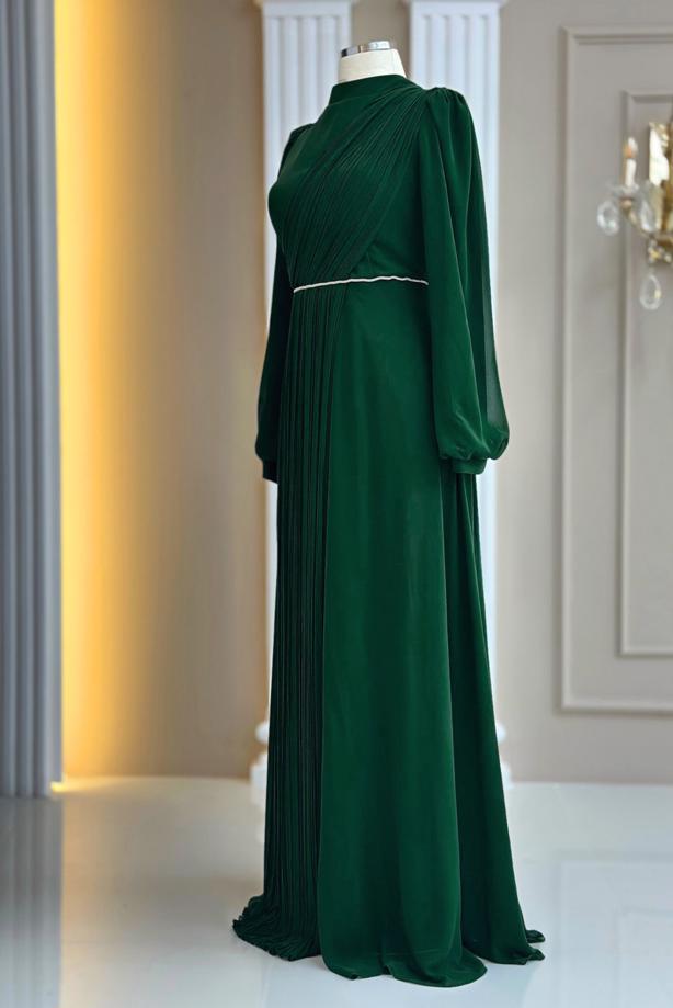 Hijab clothing GREEN DRAPE DETAILED EVENING DRESS T 9363 - TRENDTESETTÜR