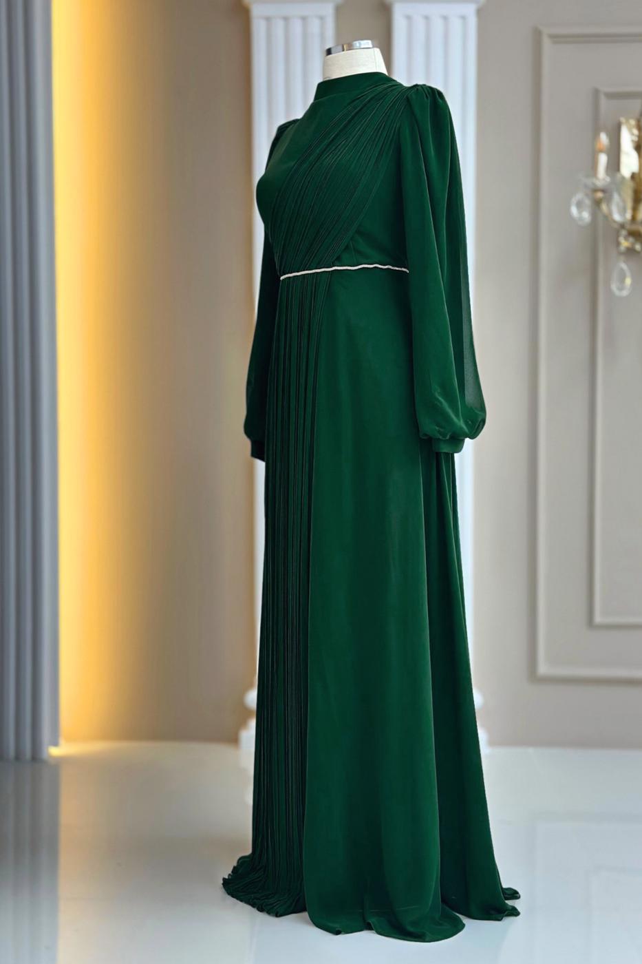 Hijab clothing GREEN DRAPE DETAILED EVENING DRESS T 9363