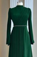 Hijab clothing GREEN DRAPE DETAILED EVENING DRESS T 9363