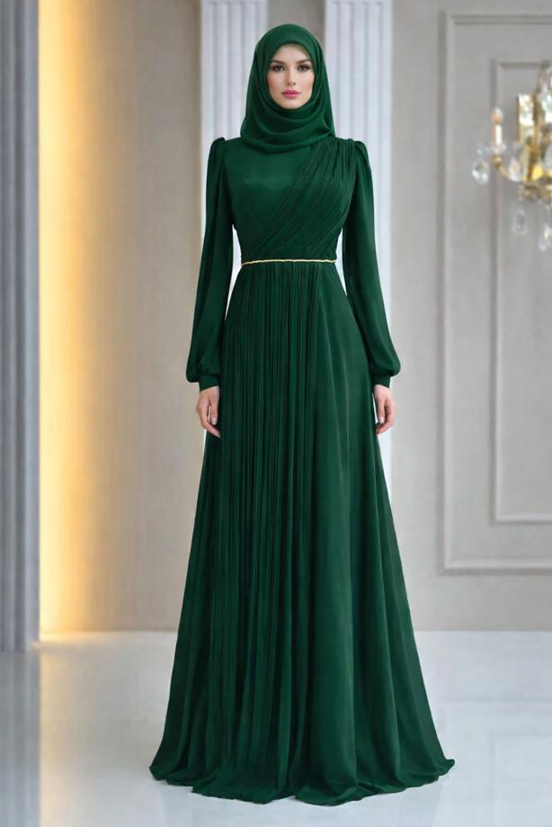 Tesettür giyim YEŞİL DRAPE DETAYLI ABİYE ELBİSE T 9363 - TRENDTESETTÜR