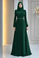 Tesettür giyim YEŞİL DRAPE DETAYLI ABİYE ELBİSE T 9363