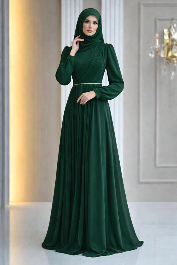 Tesettür giyim YEŞİL DRAPE DETAYLI ABİYE ELBİSE T 9363 - TRENDTESETTÜR