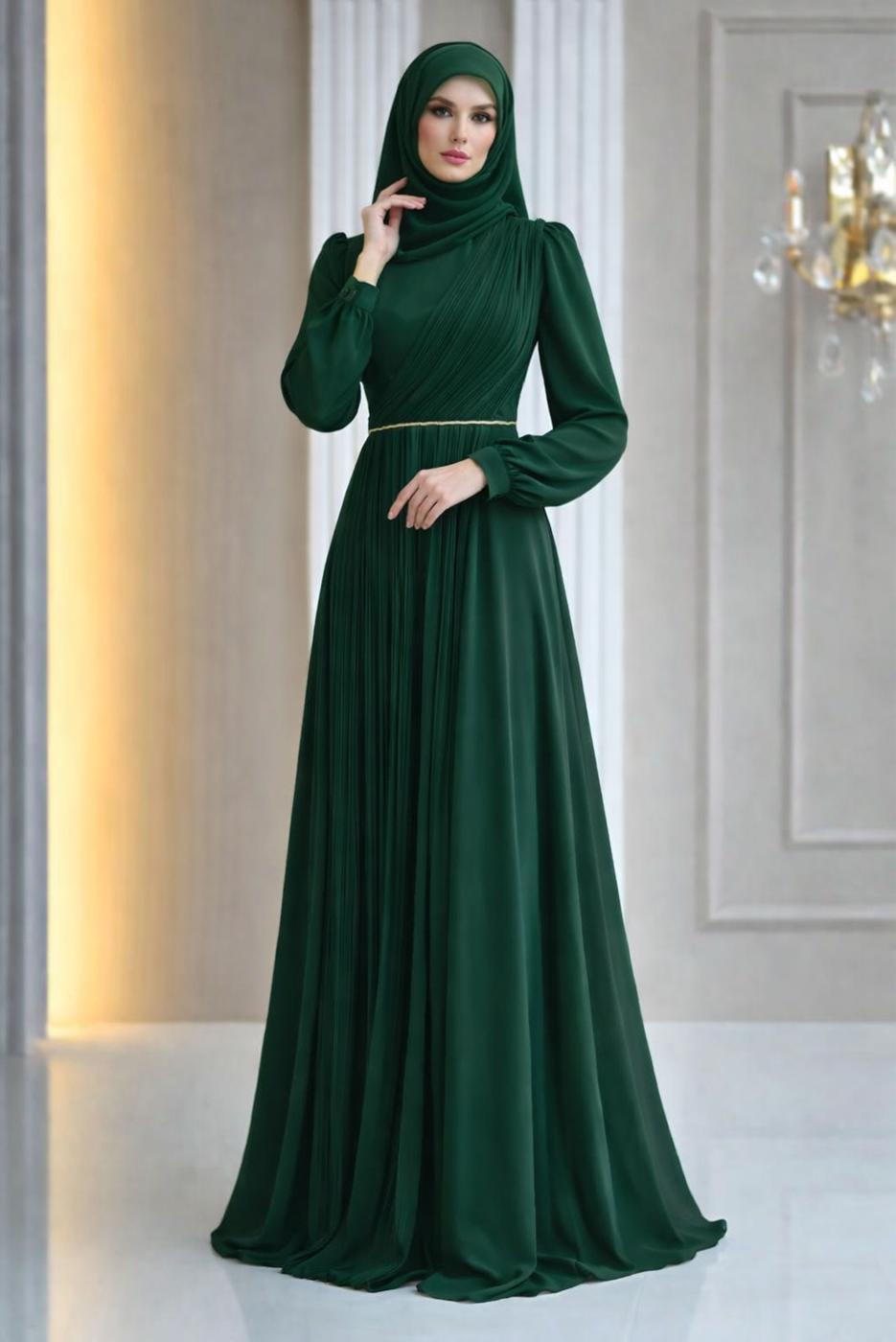 Tesettür giyim YEŞİL DRAPE DETAYLI ABİYE ELBİSE T 9363