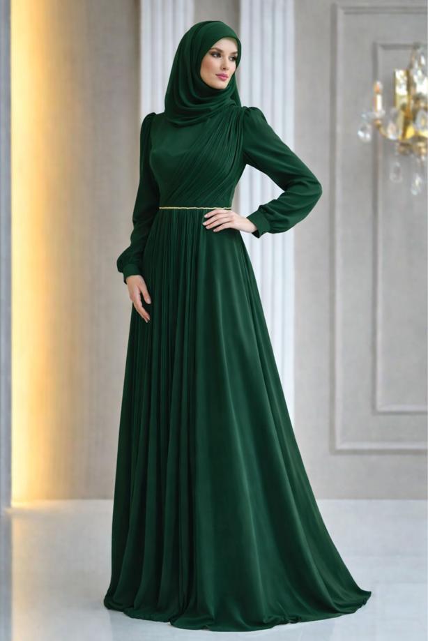 Tesettür giyim YEŞİL DRAPE DETAYLI ABİYE ELBİSE T 9363 - TRENDTESETTÜR