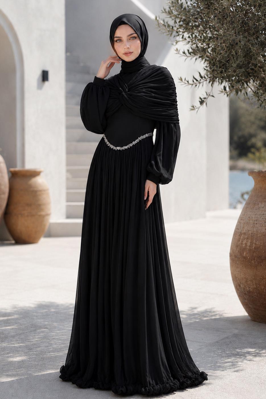 Tesettür giyim SİYAH OMUZ DETAYLI ABİYE ELBİSE T 9425