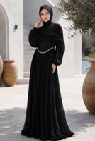Tesettür giyim SİYAH OMUZ DETAYLI ABİYE ELBİSE T 9425
