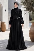 Tesettür giyim SİYAH OMUZ DETAYLI ABİYE ELBİSE T 9425