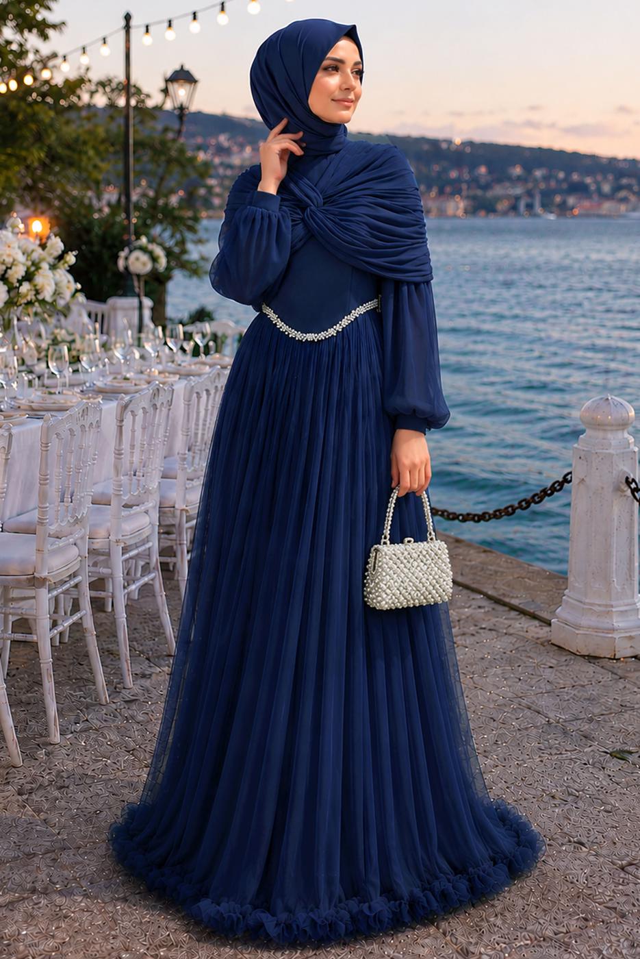 Vêtements hijab BLEU MARINE ROBE DE SOIRÉE ÉPAULES DÉNUDÉES T 9425
