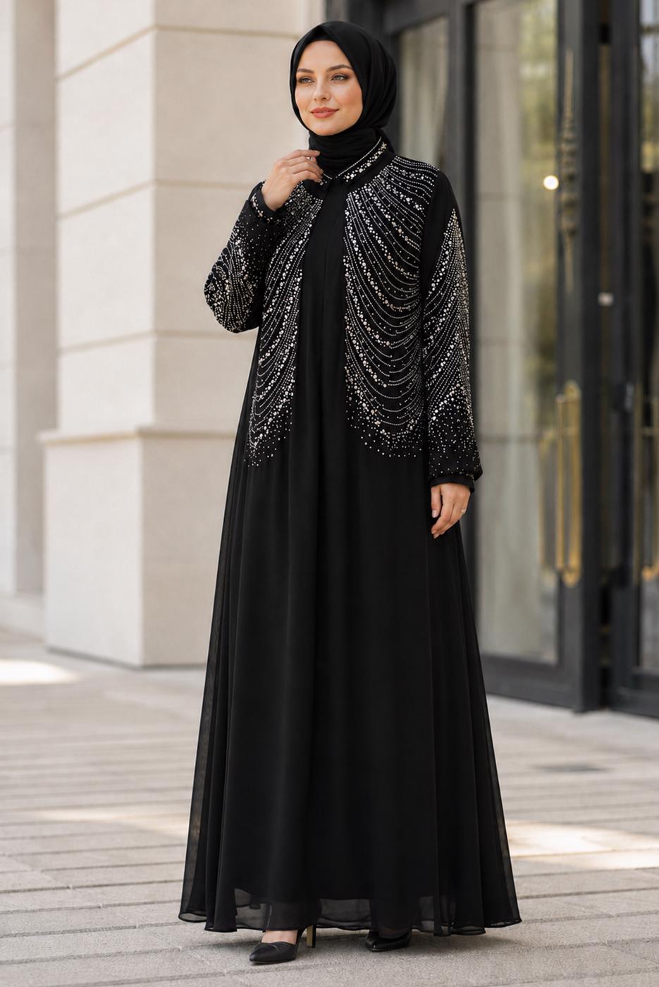 Vêtements hijab NOIR ROBE DE SOIRÉE BRODÉE DE GEMMES T 9431