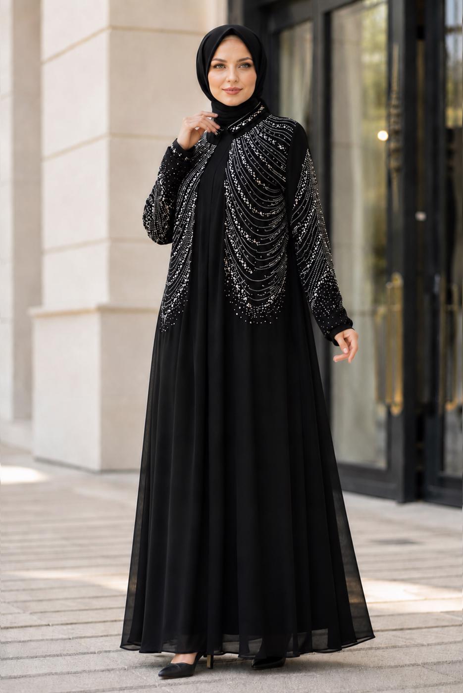 Vêtements hijab NOIR ROBE DE SOIRÉE BRODÉE DE GEMMES T 9431