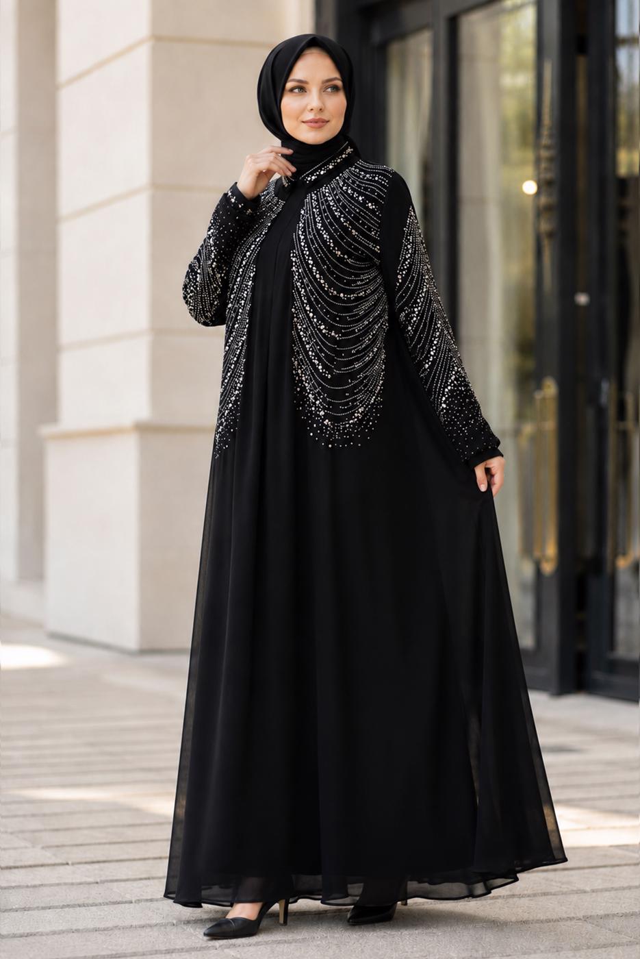 Vêtements hijab NOIR ROBE DE SOIRÉE BRODÉE DE GEMMES T 9431