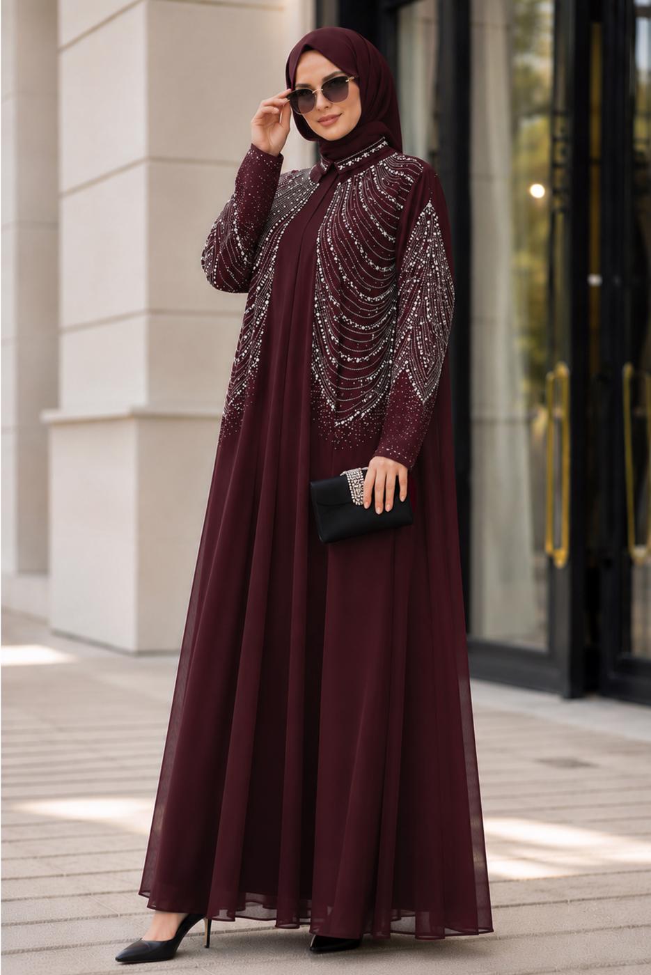 Vêtements hijab ROUGE BORDEAUX ROBE DE SOIRÉE BRODÉE DE GEMMES T 9431