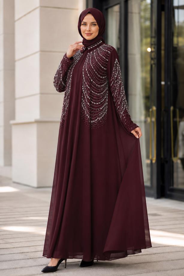 Vêtements hijab ROUGE BORDEAUX ROBE DE SOIRÉE BRODÉE DE GEMMES T 9431 - TRENDTESETTÜR