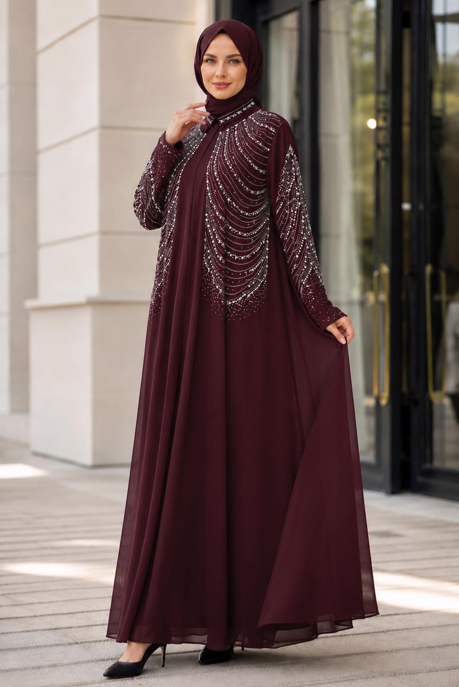 Vêtements hijab ROUGE BORDEAUX ROBE DE SOIRÉE BRODÉE DE GEMMES T 9431